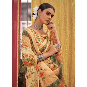 Cream Floral Digital Printed Linen Saree With Tassels
