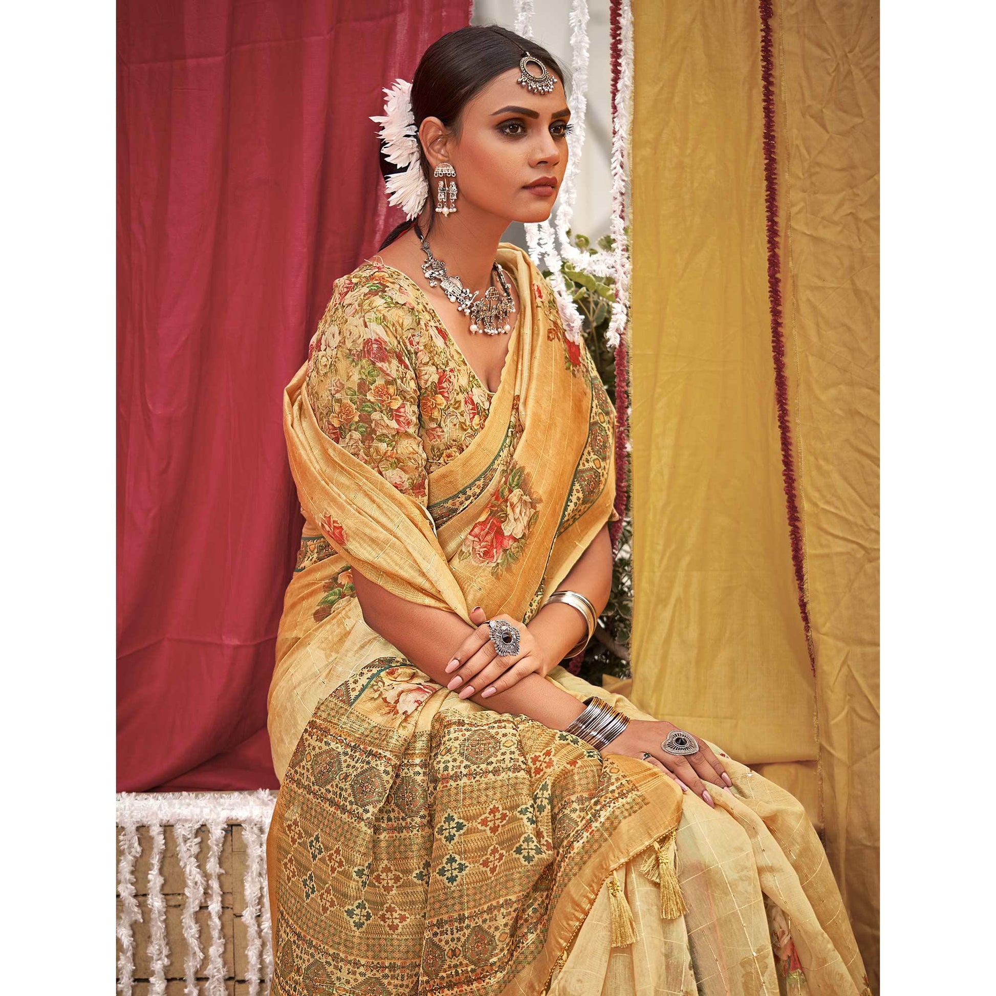 Cream Floral Digital Printed Linen Saree With Tassels
