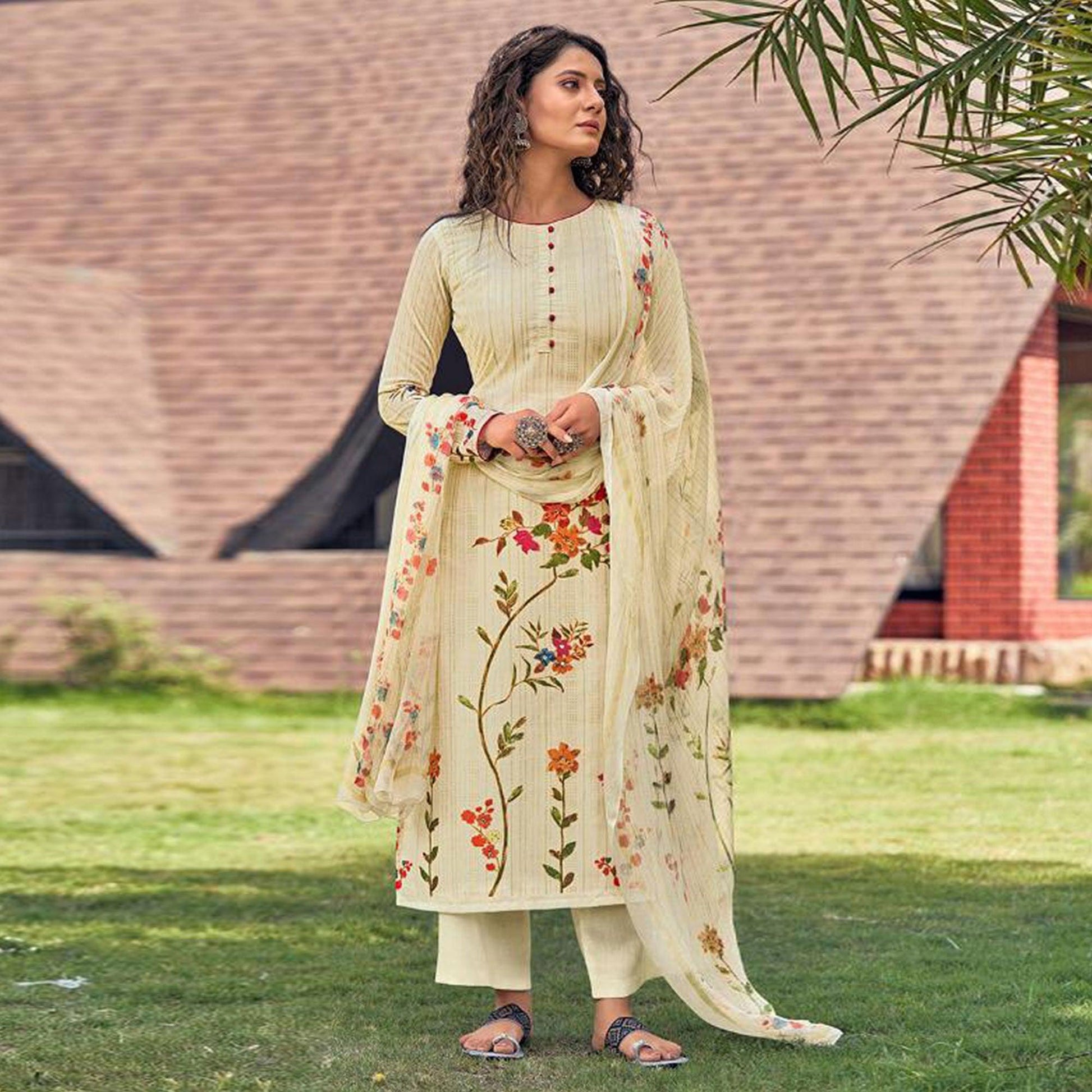 Cream Floral Digital Printed With Handwork Cambric Cotton Partywear Suit