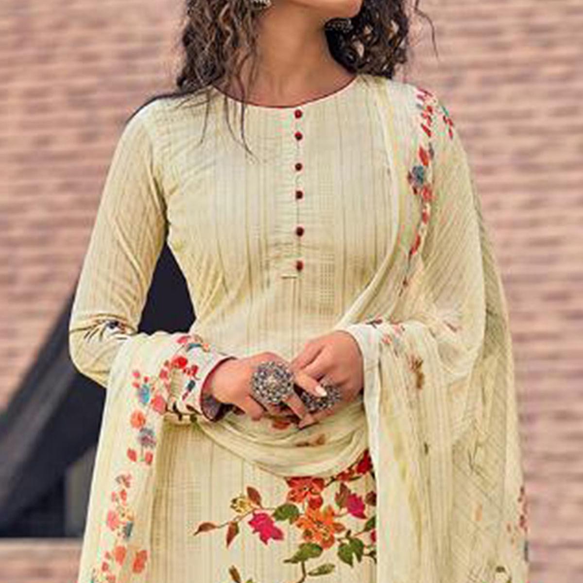 Cream Floral Digital Printed With Handwork Cambric Cotton Partywear Suit