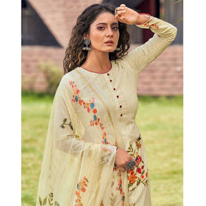 Cream Floral Digital Printed With Handwork Cambric Cotton Partywear Suit