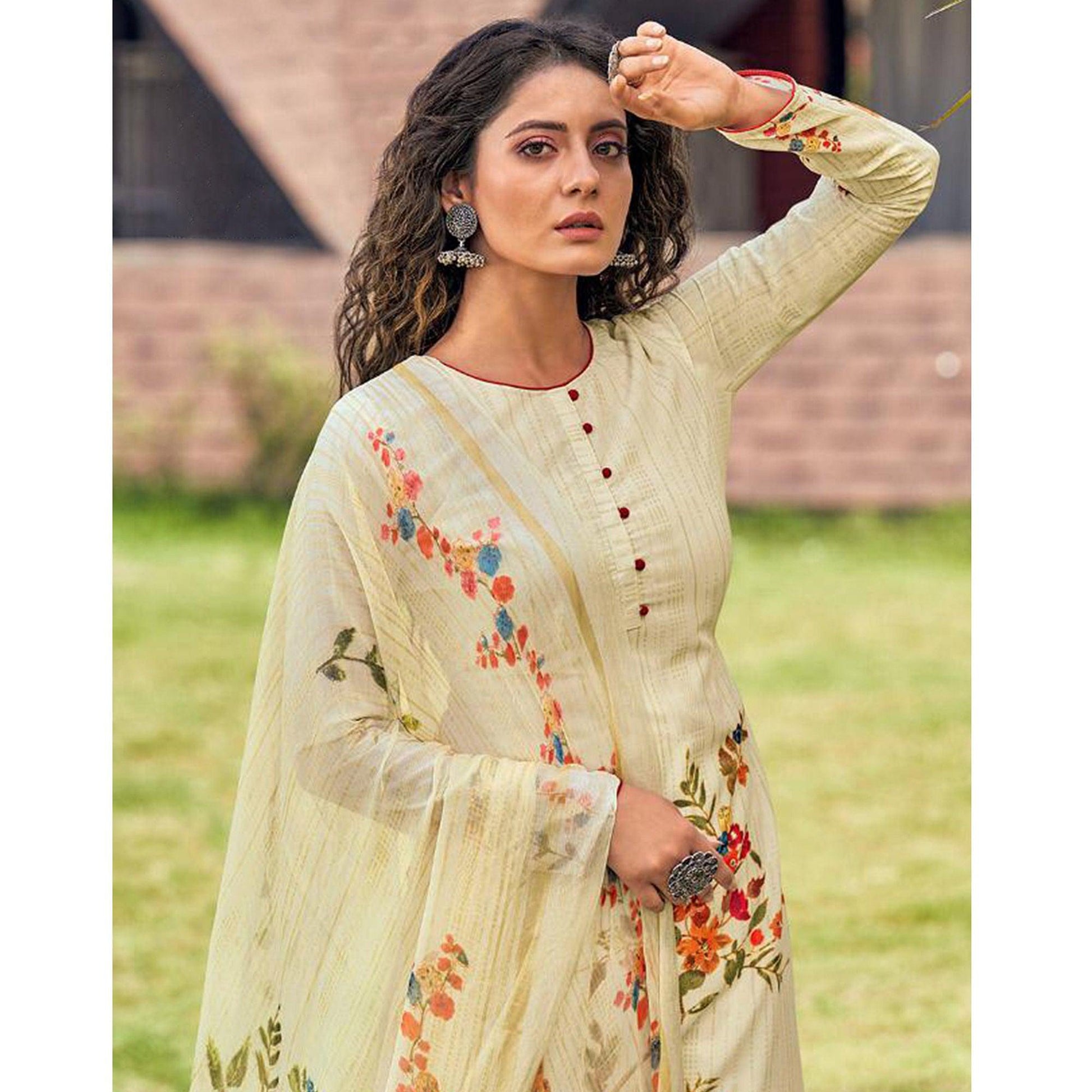 Cream Floral Digital Printed With Handwork Cambric Cotton Partywear Suit