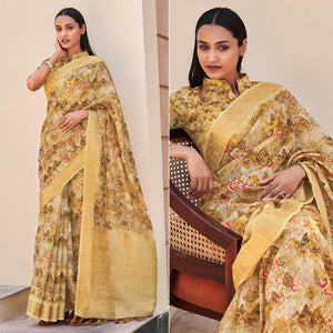 Cream Floral Digital Printed With Sequins Linen Saree