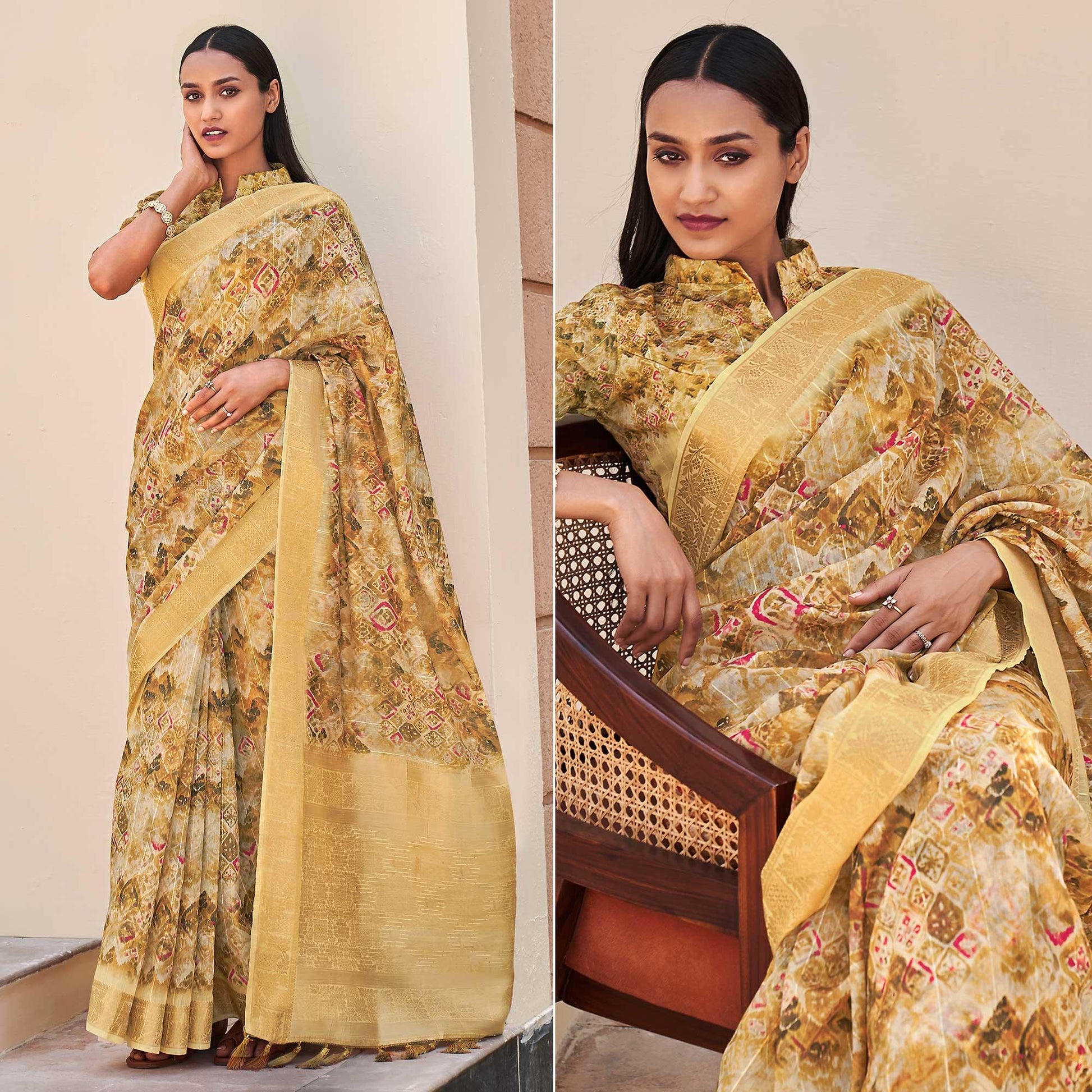 Cream Floral Digital Printed With Sequins Linen Saree