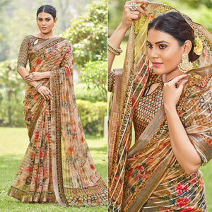 Cream Floral Digital Printed With Sequins Linen Saree