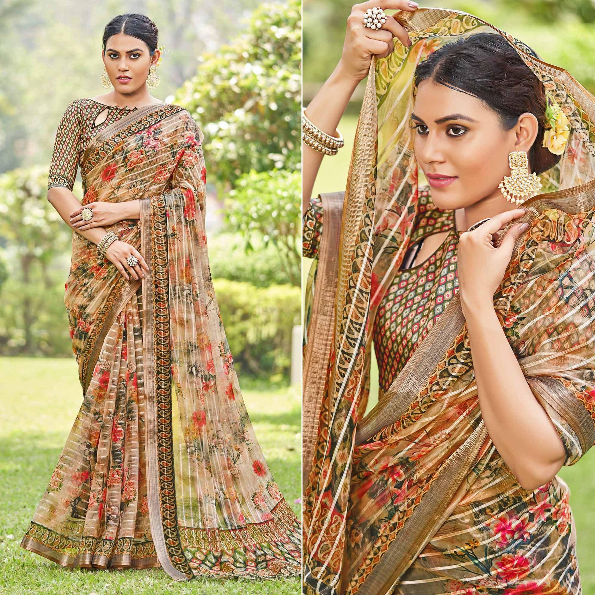 Cream Floral Digital Printed With Sequins Linen Saree