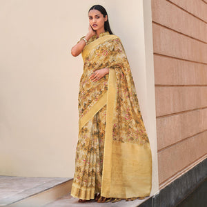 Cream Floral Digital Printed With Sequins Linen Saree