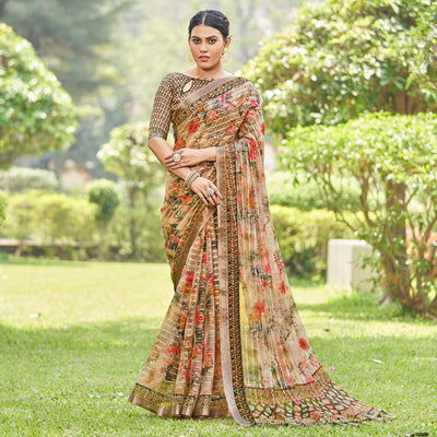 Cream Floral Digital Printed With Sequins Linen Saree