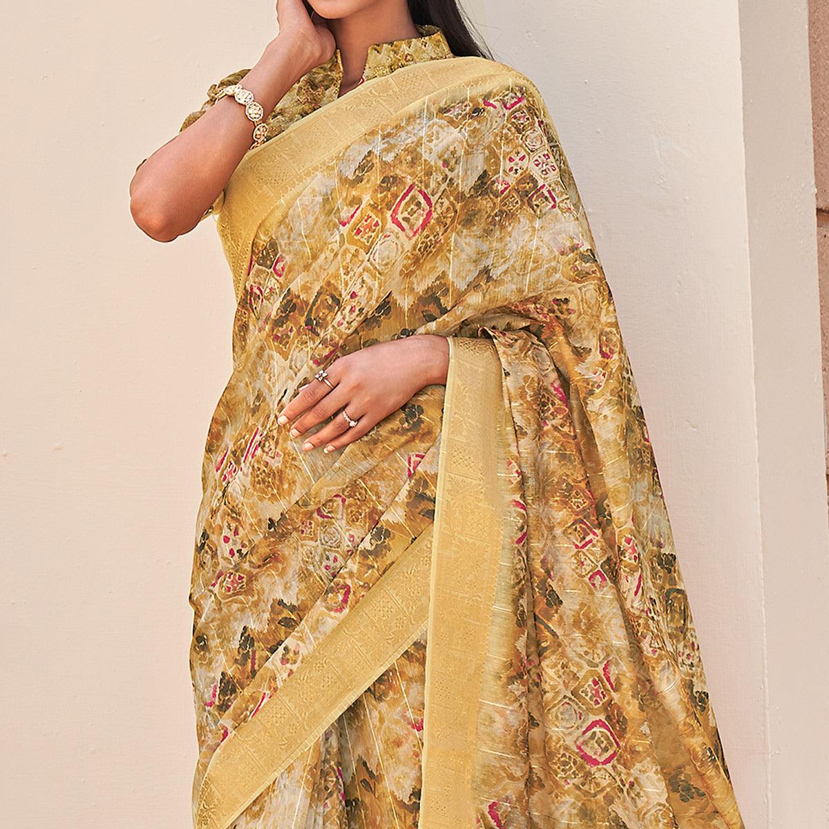 Cream Floral Digital Printed With Sequins Linen Saree