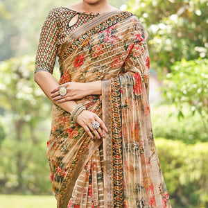 Cream Floral Digital Printed With Sequins Linen Saree