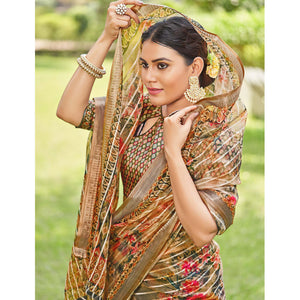 Cream Floral Digital Printed With Sequins Linen Saree