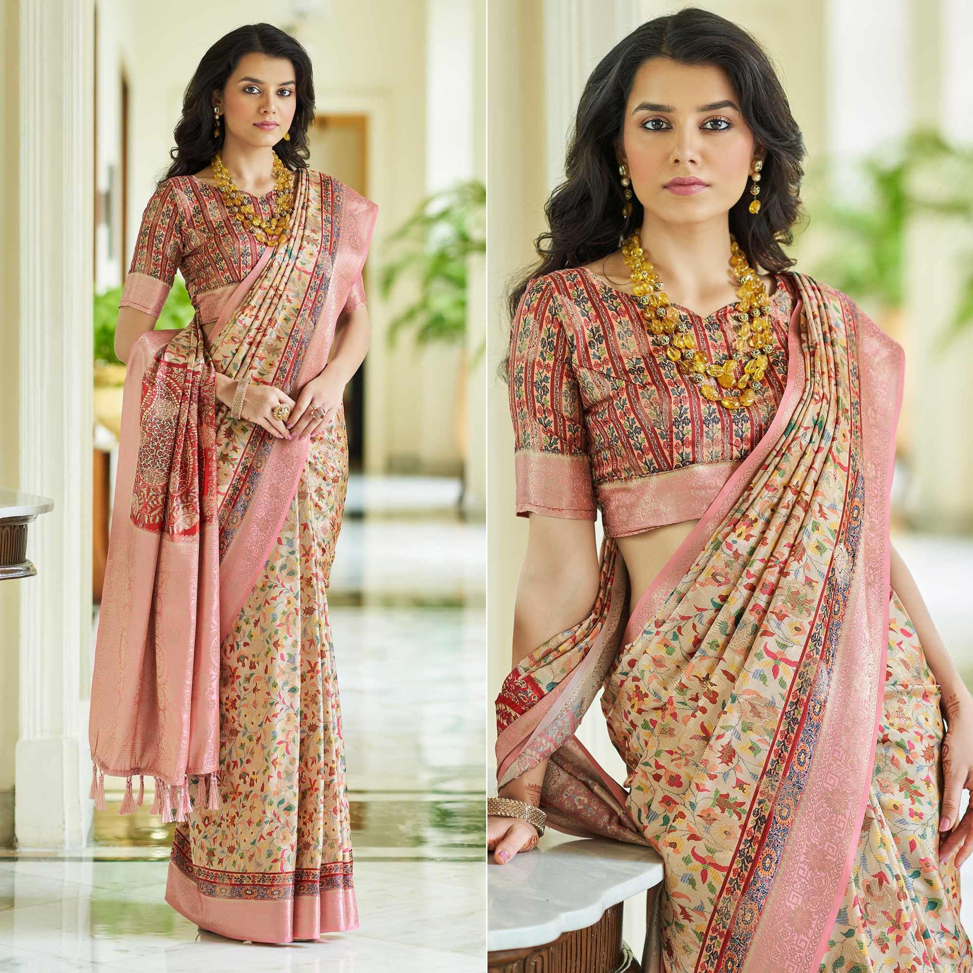 Cream Floral Digital Printed With Woven Border Art Silk Saree