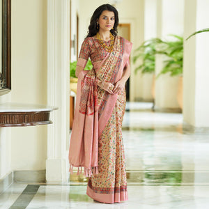 Cream Floral Digital Printed With Woven Border Art Silk Saree