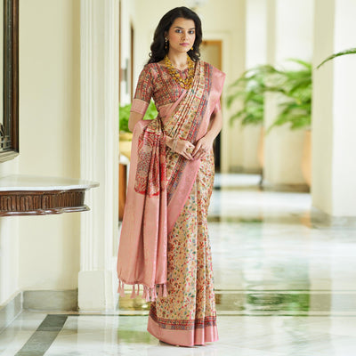 Cream Floral Digital Printed With Woven Border Art Silk Saree