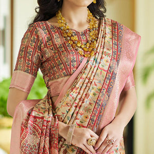 Cream Floral Digital Printed With Woven Border Art Silk Saree
