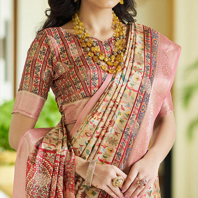 Cream Floral Digital Printed With Woven Border Art Silk Saree