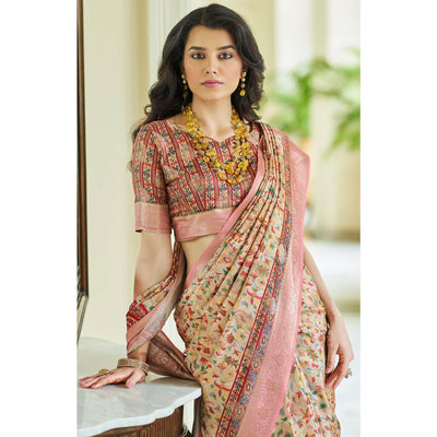 Cream Floral Digital Printed With Woven Border Art Silk Saree