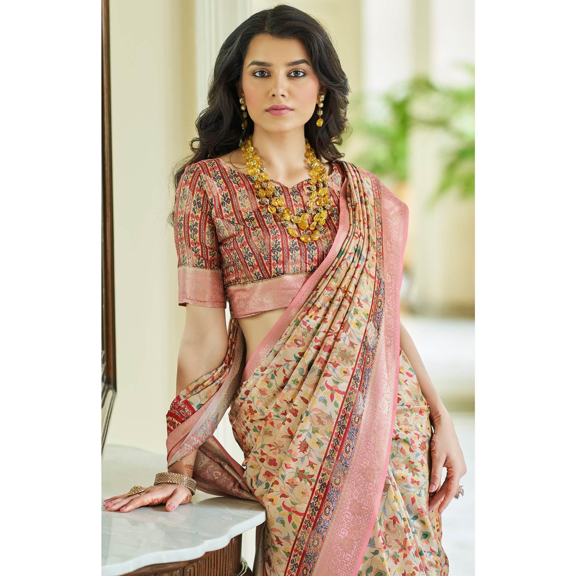 Cream Floral Digital Printed With Woven Border Art Silk Saree