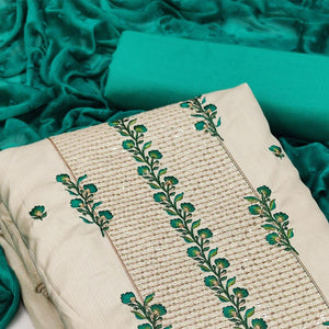 Cream Floral Embroidered Art Silk Dress Material