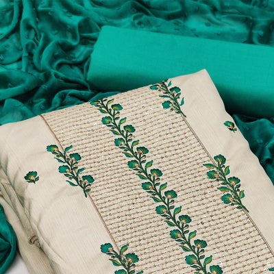 Cream Floral Embroidered Art Silk Dress Material