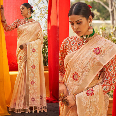 Cream Floral Embroidered Linen Saree