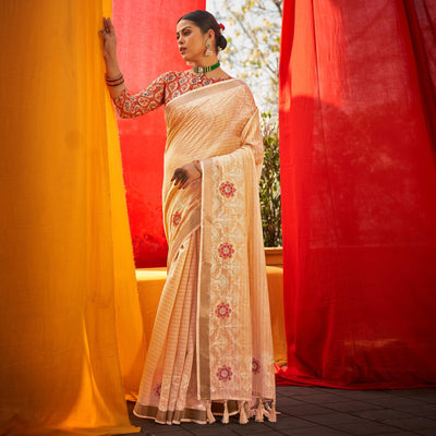Cream Floral Embroidered Linen Saree