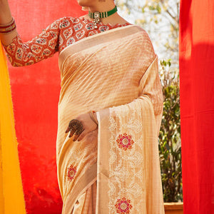 Cream Floral Embroidered Linen Saree