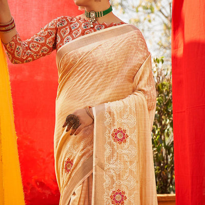 Cream Floral Embroidered Linen Saree