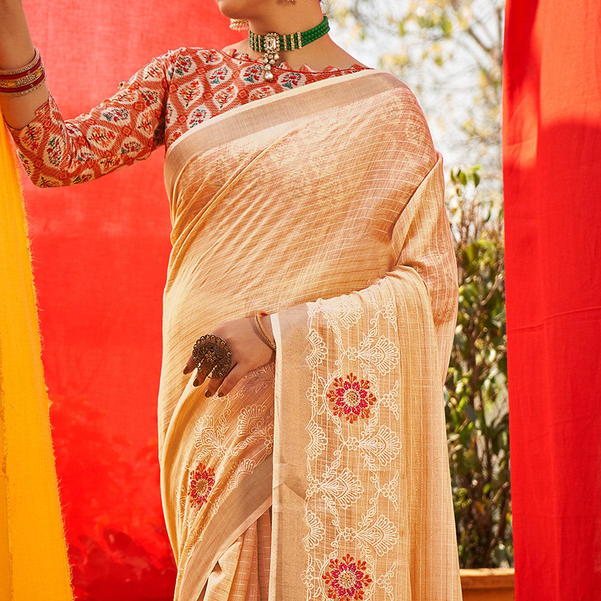 Cream Floral Embroidered Linen Saree