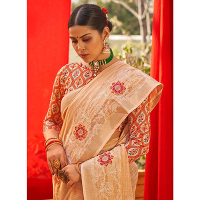 Cream Floral Embroidered Linen Saree