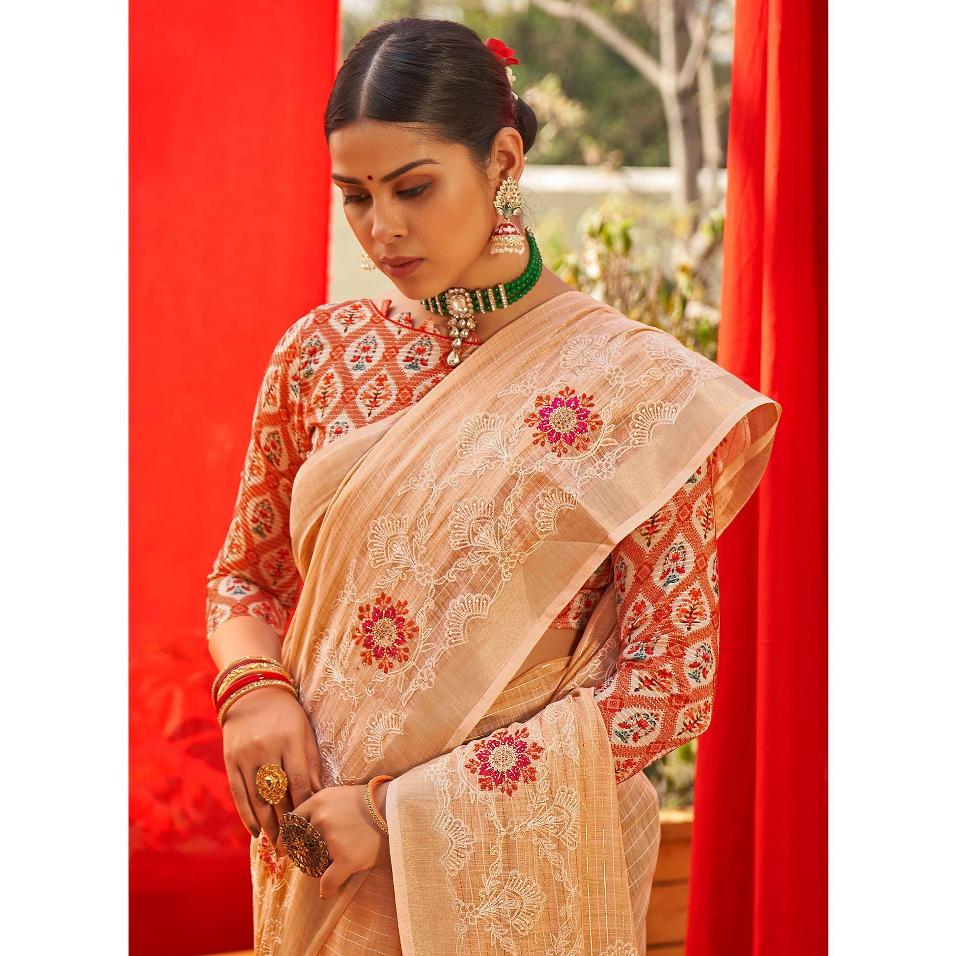 Cream Floral Embroidered Linen Saree