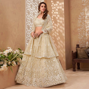 Cream Floral Embroidered Net Lehenga Choli