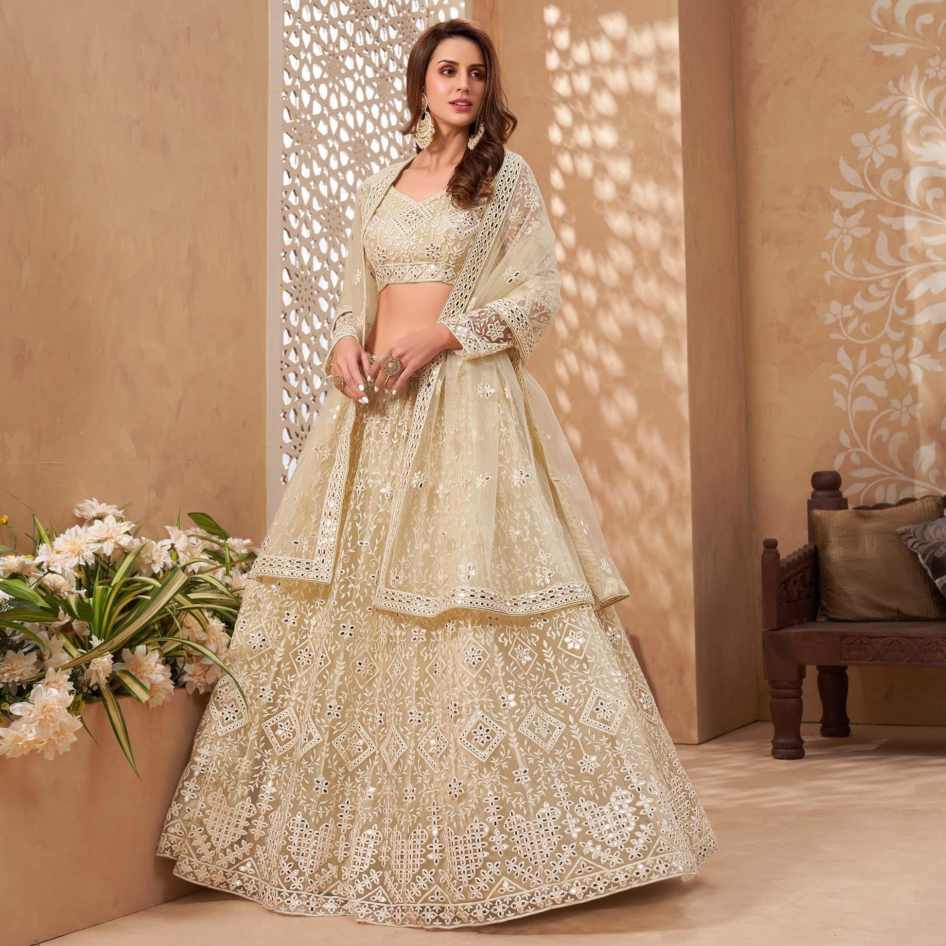 Cream Floral Embroidered Net Lehenga Choli