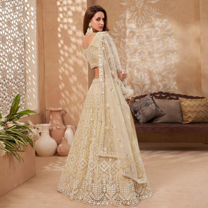 Cream Floral Embroidered Net Lehenga Choli