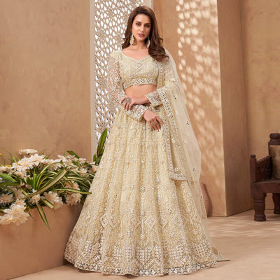 Cream Floral Embroidered Net Lehenga Choli