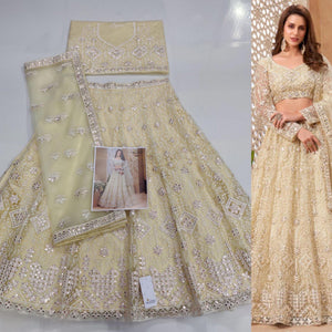 Cream Floral Embroidered Net Lehenga Choli