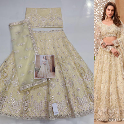 Cream Floral Embroidered Net Lehenga Choli