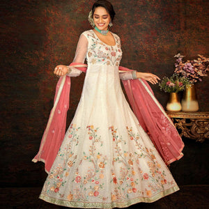 Cream Floral Embroidered Net Partywear Gown