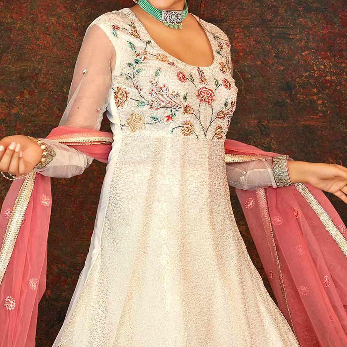Cream Floral Embroidered Net Partywear Gown