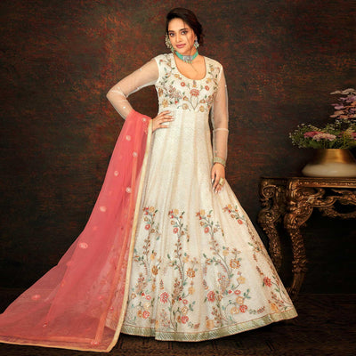 Cream Floral Embroidered Net Partywear Gown
