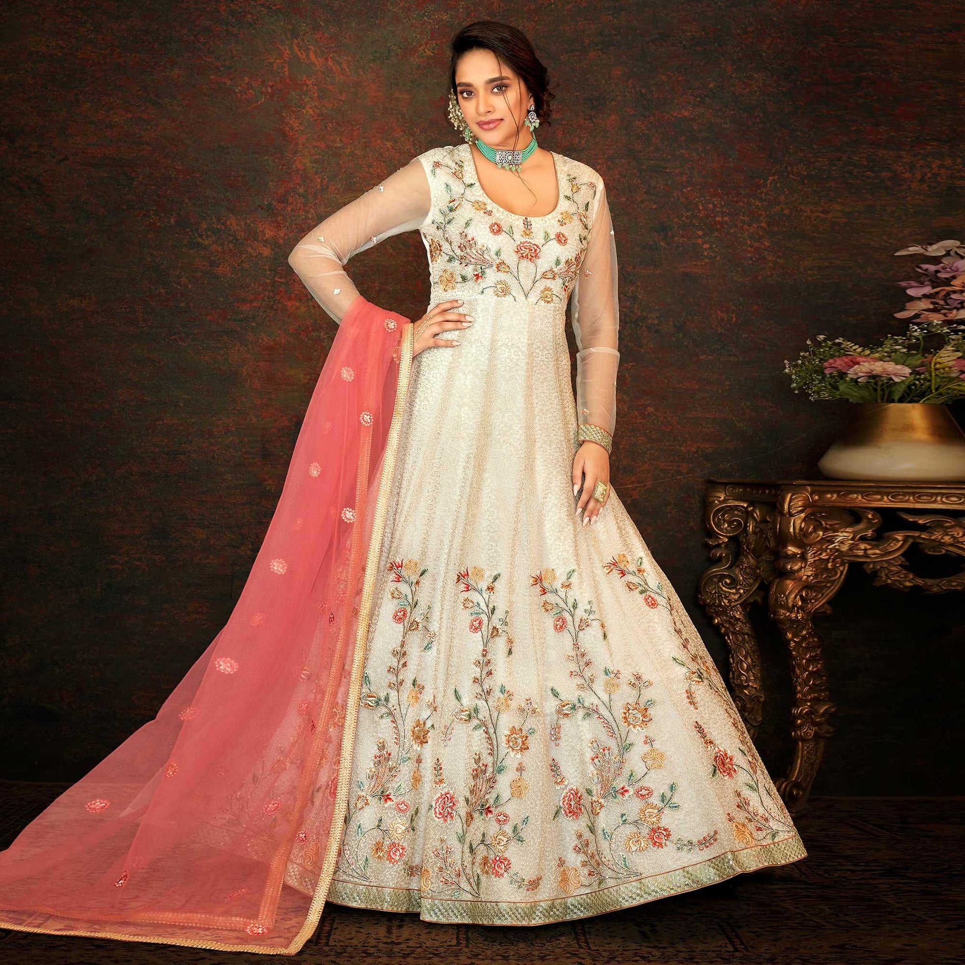 Cream Floral Embroidered Net Partywear Gown
