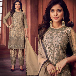 Cream Floral Embroidered Net Partywear Suit