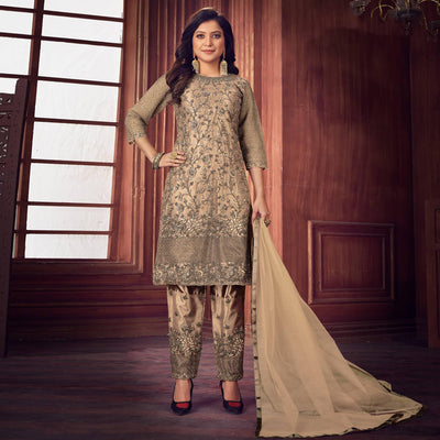 Cream Floral Embroidered Net Partywear Suit