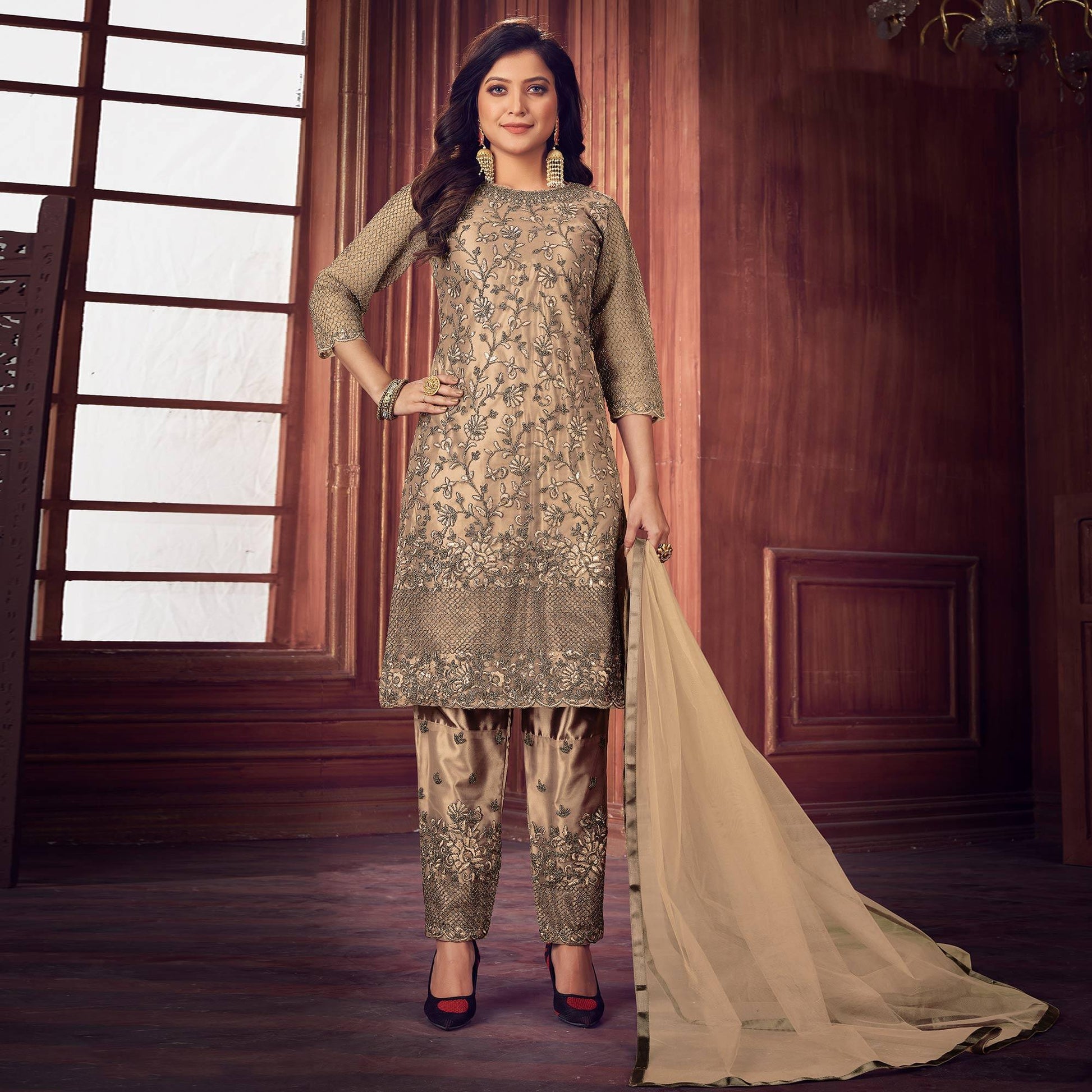 Cream Floral Embroidered Net Partywear Suit