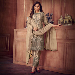 Cream Floral Embroidered Net Partywear Suit