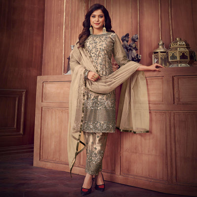 Cream Floral Embroidered Net Partywear Suit
