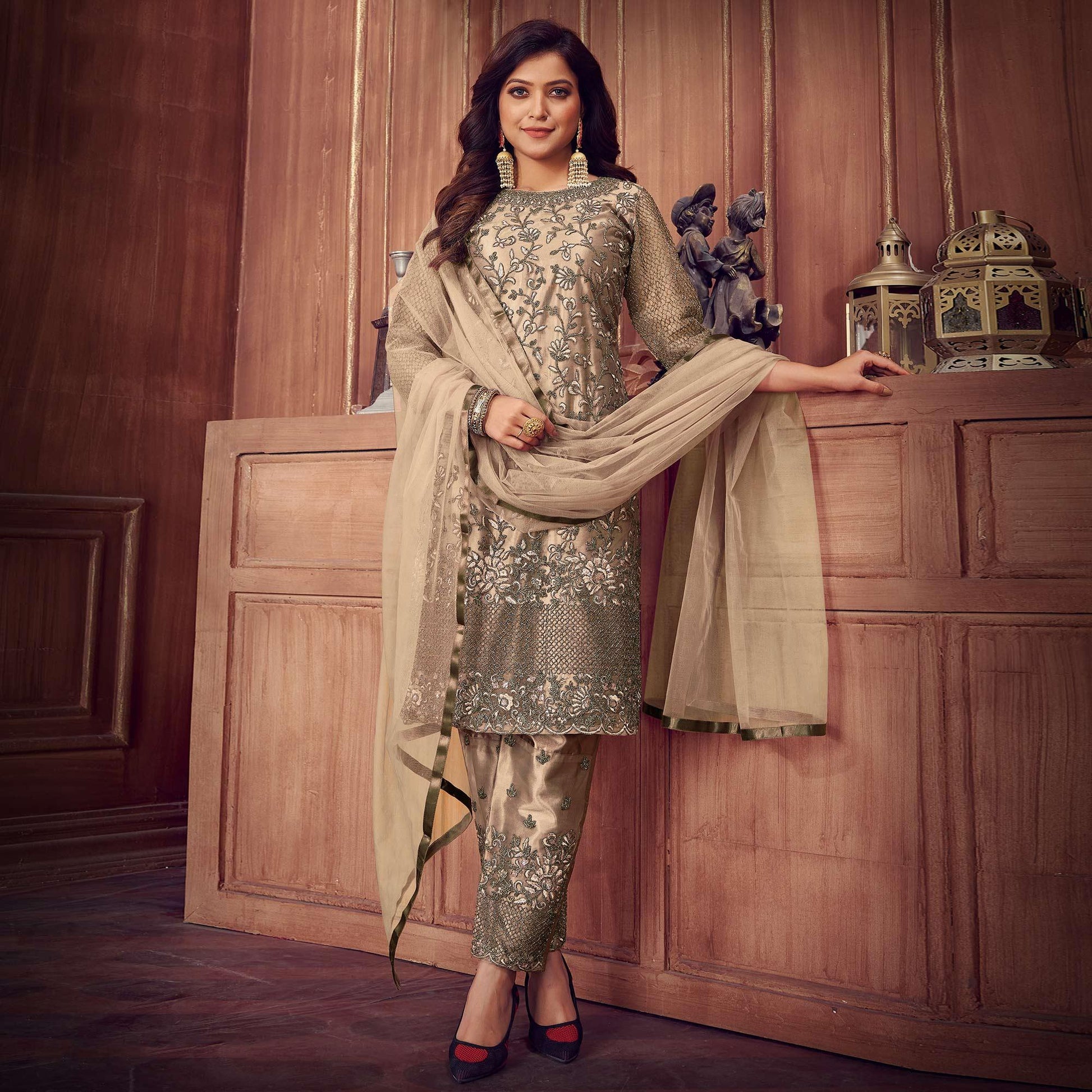 Cream Floral Embroidered Net Partywear Suit