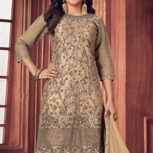 Cream Floral Embroidered Net Partywear Suit