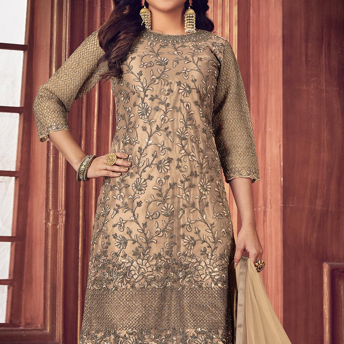 Cream Floral Embroidered Net Partywear Suit