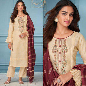 Cream Floral Embroidered Pure Cotton Kurti Pant Set With Dupatta